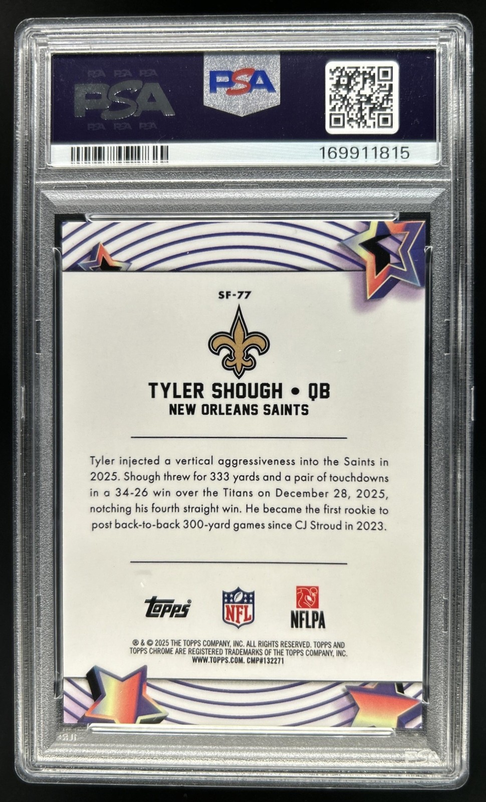 2025 Topps Cosmic Chrome Tyler Shough Starfractor Pink SP RC #1/1 PSA 10 view 2