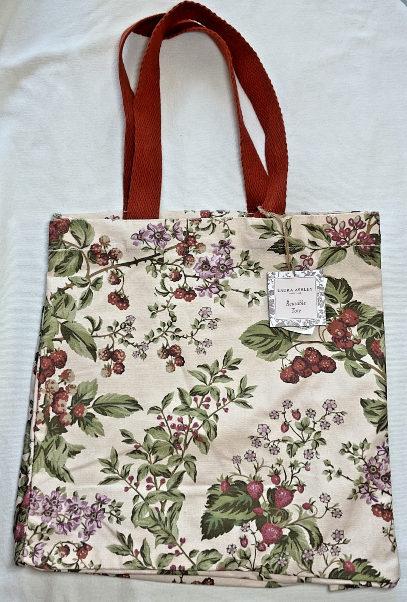 LAURA ASHLEY Tote BAG REUSABLE CREAM RED GREEN STRAWBERRES 13 X 17