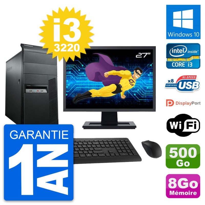 PC Tour Lenovo M92p Ecran 27" Intel i3-3220 RAM 8Go Disque 500Go Windows 10 Wifi