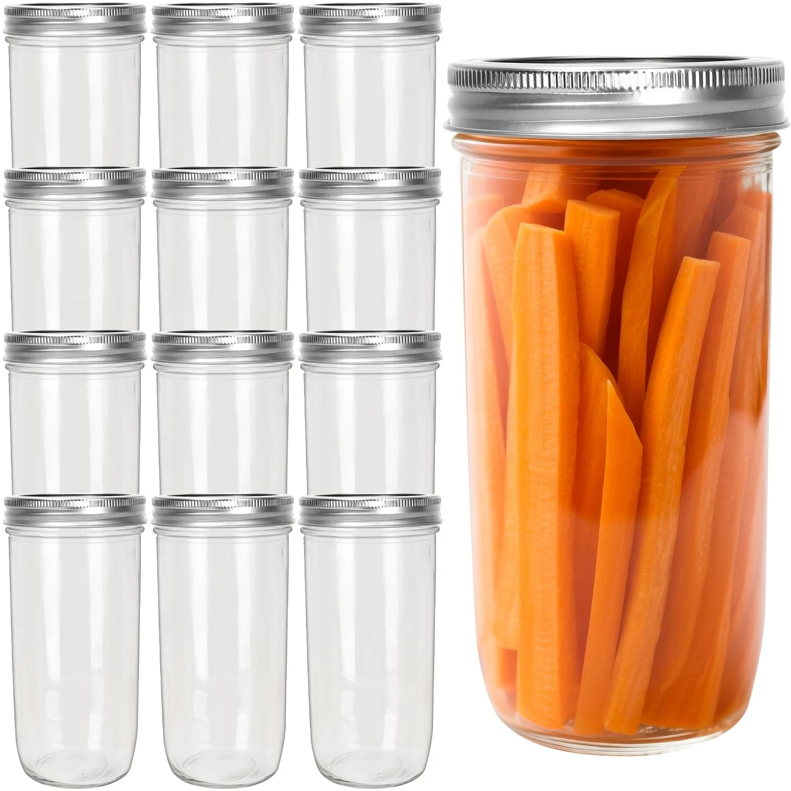 24oz 12 Pack Mason Glass Jars with Silver Separable Lids, Wide Mouth Canning ...