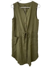 Kilig Shirt Dress Size Large Sleeveless V Neck Button Front Drawstring Olive NEW