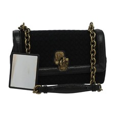 BOTTEGA VENETA Chain Shoulder Bag Cotton Black Gold Auth sw586