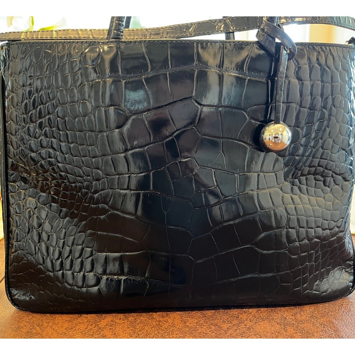 Furla Vintage Black Croc Embossed Leather Tote Bag - Pristine