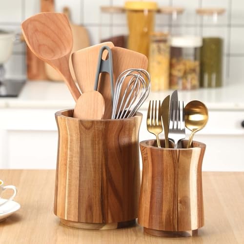 2 Pcs Wooden Utensil Holder 360° Rotating Kitchen Utensil Holder 7.3" and 5.7" 