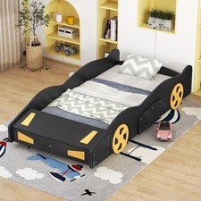 Twin Race Car Shaped Platform Bed with Wheels Black Yellow