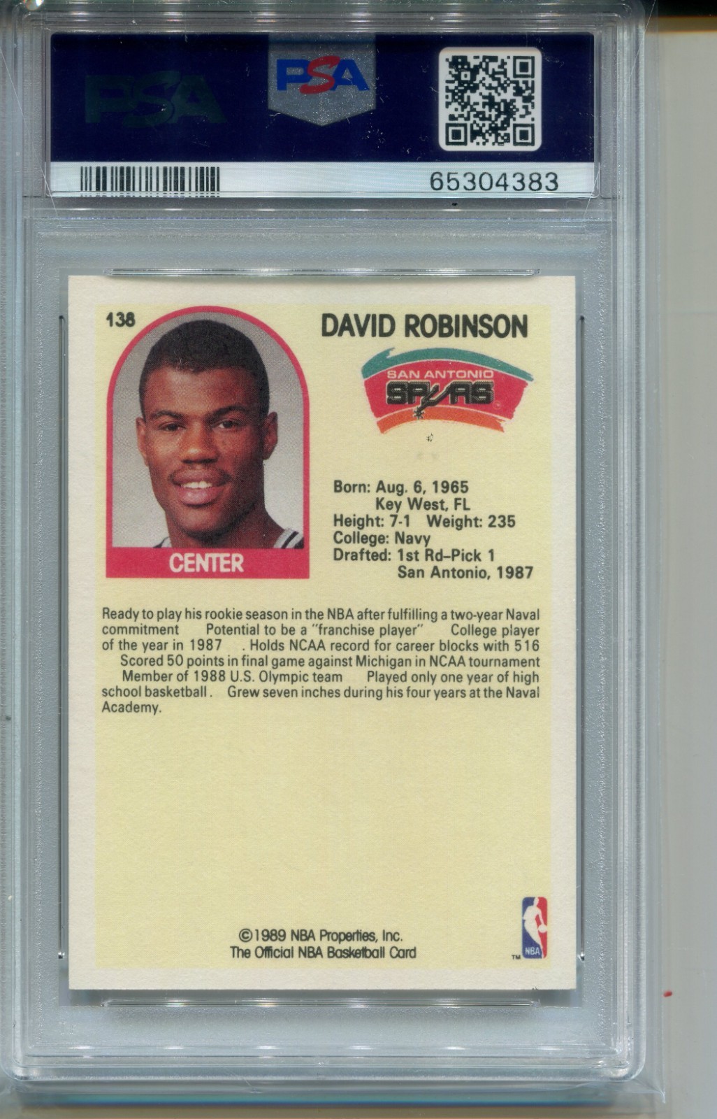 1989 Hoops David Robinson Rookie Card PSA 10 Gem Mint Graded Basketball #138 view 2