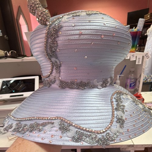 Eve Andrea Church/Dress Light Blue Satin Hat Silver Embellishments One Size