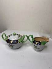 Gold Castle Lusterware Sugar Creamer Set Green White Flowers Colorful Japan