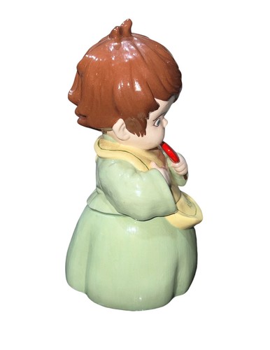 Vtg Ceramic Cookie Treat Jar Little Girl Red Lollipop Green Dress 1970’s - Picture 4 of 4