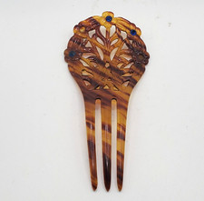 VICTORIAN HAIR COMB CARVED FLOWERS BLUE RHINESTONES LARGE EDWARDIAN CELLULOID
