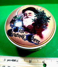 Vintage  3 & 1/2"x 1 &1/2" Ceramic SANTA Trinket Box"Best of Christmas Cheer"