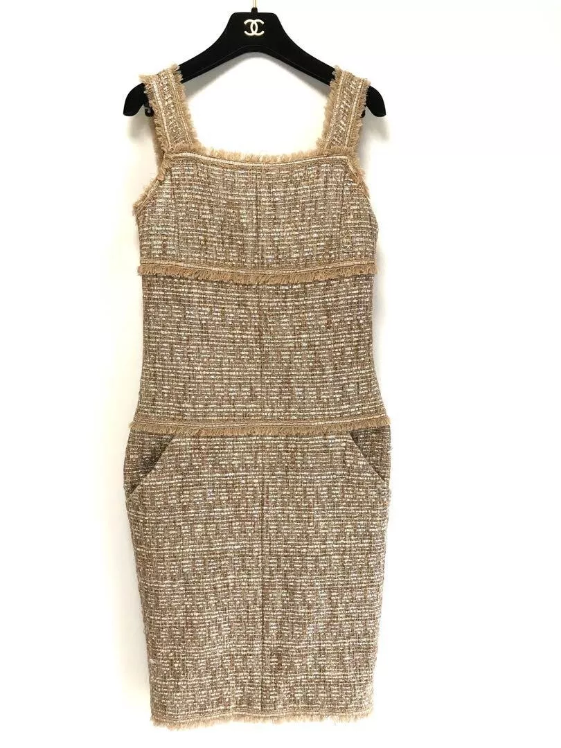 CHANEL Tweed Fringe Dress Women Size 38 COCO Mark Gold CC From Japan Genuine