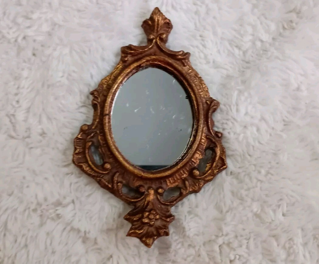 Antique Ornate Carved Dark Wood Mini Oval Mirror Wooden Rocco Baroque