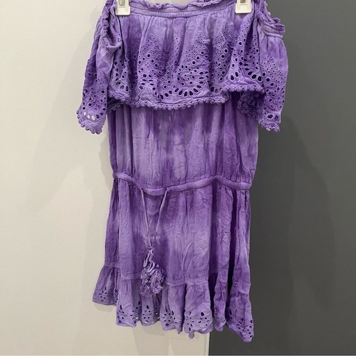 Ramy Brook Mini Dress Purple Marino Embroidered Eyelet Off Shoulder Tie Dye sz S - Picture 2 of 8