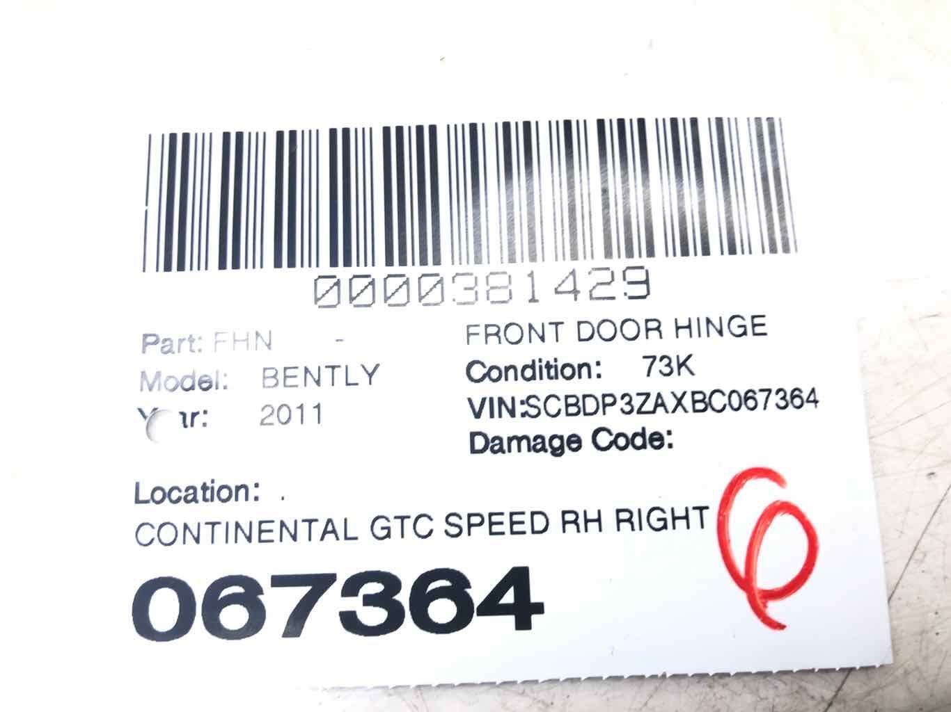 2011 BENTLEY CONTINENTAL RIGHT UPPER & LOWER DOOR HINGE SET BELUGA BLACK