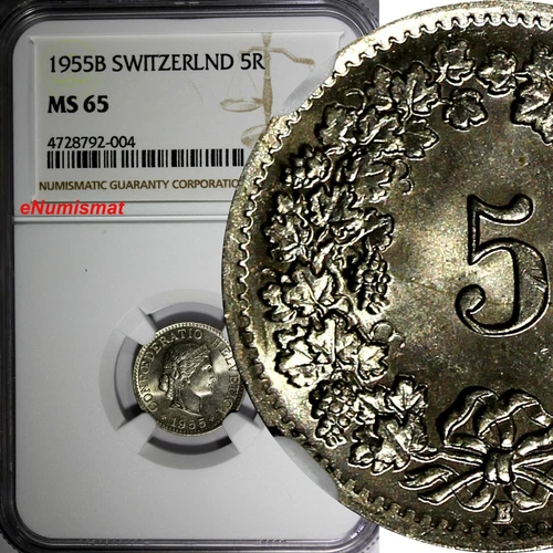 SWITZERLAND Copper-Nickel 1955 B 5 Rappen NGC MS65 HELVETICA KM# 26 (004)