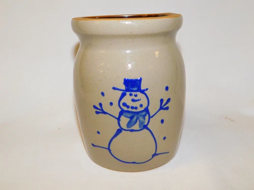 Vtg 1996 BBP Beaumont Brothers Blue Salt Glazed SNOWMAN CROCK Folk Art Stoneware