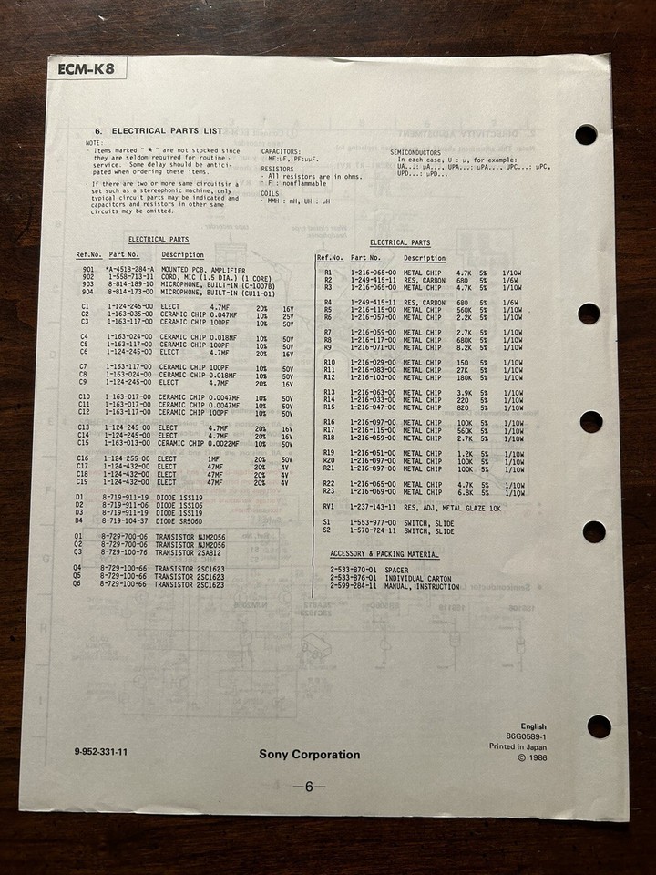Sony ECM-K8 Electret Condenser Microphone Service Manual Original ...