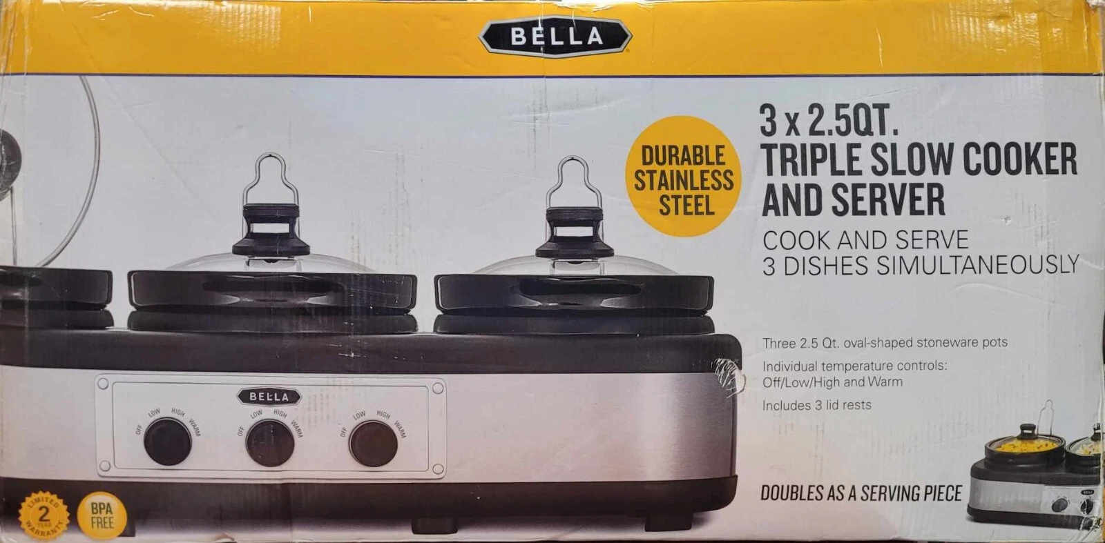BELLA (3 x 2.5-Quart) Triple Slow Cooker and Server (MZ-TH3025A) **NEW**