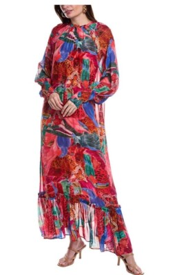 farm rio animal collage maxi dress Farm Rio Animal Collage Maxi Dress M Red Long Sleeves Tiered Beaded Tassels  BNWT