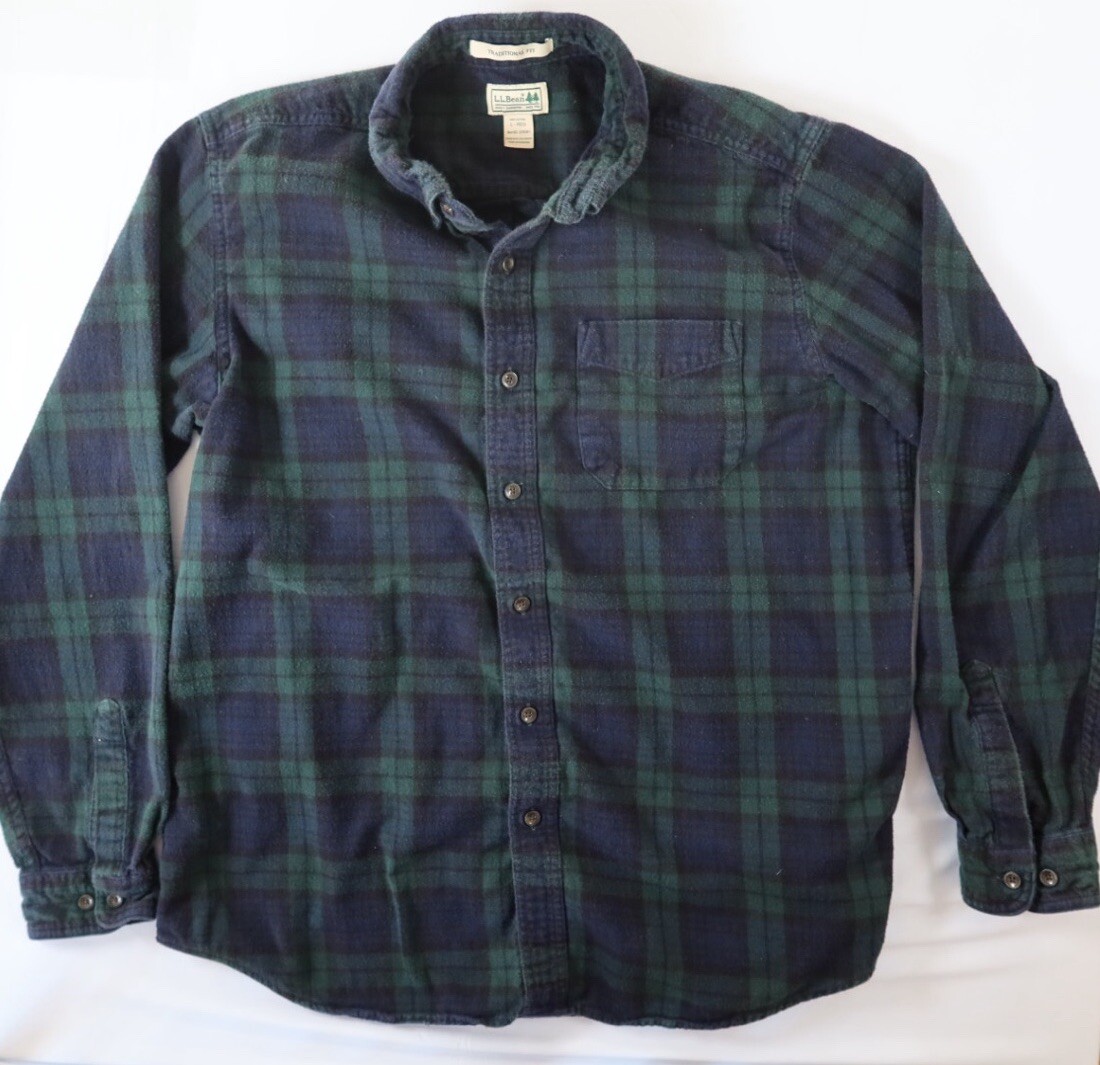 LL Bean Men's Large Regular Fit Green Blue Tartan Plaid Flannel Shirt