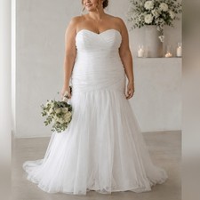 David's White Ruched Strapless Sweetheart Tulle Corset Back Wedding Dress sz 22