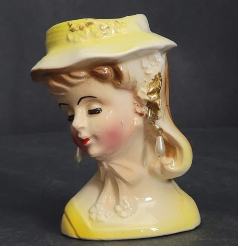 Vintage Mini Lady Head Vase with Pearl Drop Earrings–Mid Century Ceramic Planter
