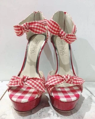 JIMMY CHOO Sandales Mules Talon En Motif Plaid Ruban Femme Taille 36 Rouge - Photo 1/4