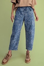 Easel Women's Jacquard Patchwork Barrel-Leg Washed Denim Jeans Pants