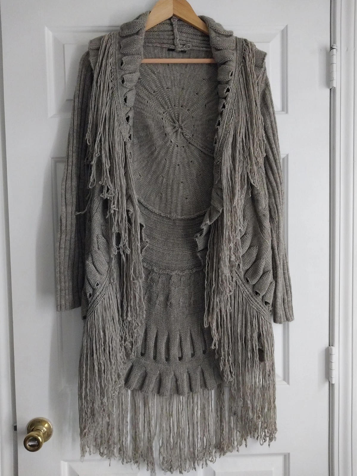 Milano Women Poncho Cardigan Sweater Furry Fringe Tan Long 27% Wool Size Small