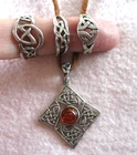 Celtic Knot 3 RINGS & Pendant STERLING Silver 925 vintage Amber
