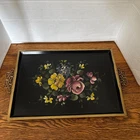 Vintage Nashco Hand Painted Floral Black Serving Tray Tole Signed 10 X 16