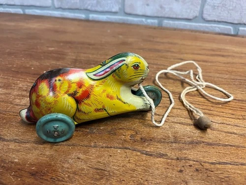Vintage J. Chein Tin Litho Bunny Rabbit Pull Toy 5.5"