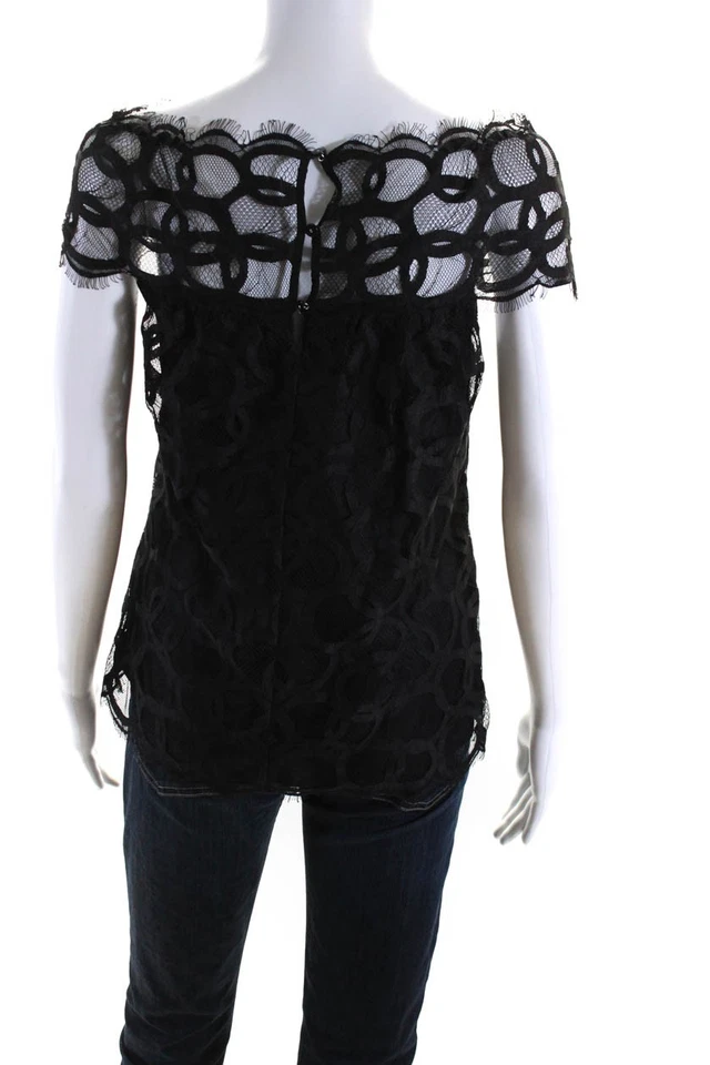 Blusa Top Robert Rodriguez Mujer Encaje Cuello Barco Manga Gorra Negra Talla 2 Foto 3 de 4
