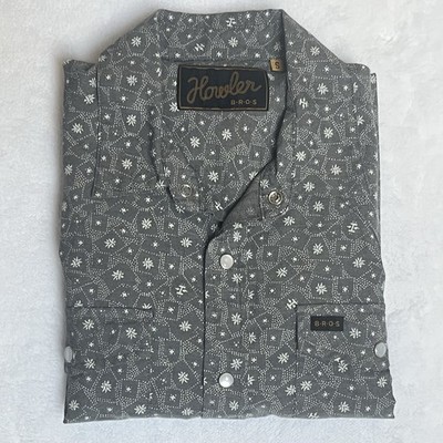 Howler Bros Shirt Mens Small Gray Print H Bar B Pearl Snap Short Western Rodeo