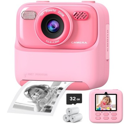 Kids Instant Digital Camera 1080P HD DualLens Selfie Print Paper 32G Card Toy