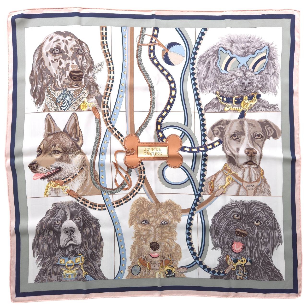 HERMES Carre 70 Jour de Casting Silk Scarf Dogs 