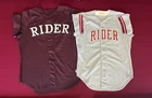 Two Rider University Broncs game worn baseball jerseys