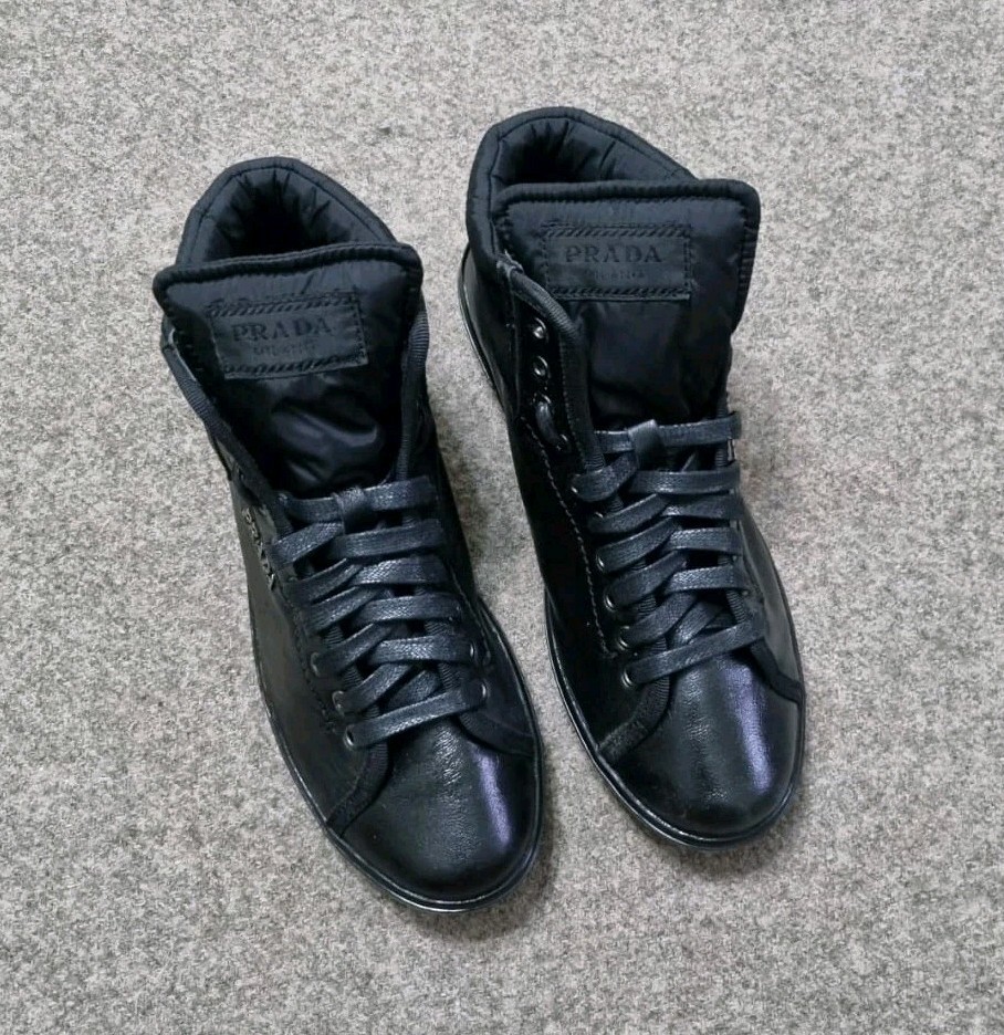 ​PRADA Milano Women Shoes Black Re-Nylon Polished Leather High Top Sneakers Sz 8 thumbnail 7
