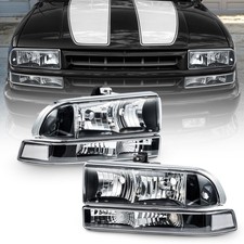 Headlights For 1998-2004 Chevy S10 Pickup Blazer Black W Clear Bumper Lamps