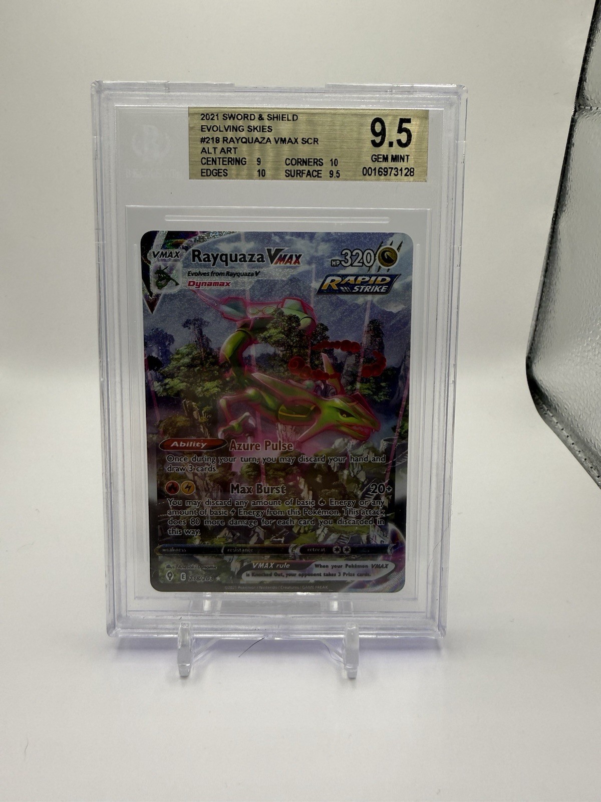 RAYQUAZA VMAX SCR 2021 POKEMON SWSH EVOLVING SKIES #218/203 ALT ART BGS 9.5 GEM!