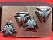 Vntg. Mounted Turquoise Color Pcs Native American Western Brushed Chrome Buckle
