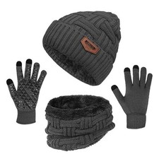 3-Pieces Winter Beanie Hat Scarf and Touch Screen Gloves Grey hat Scarf Gloves 