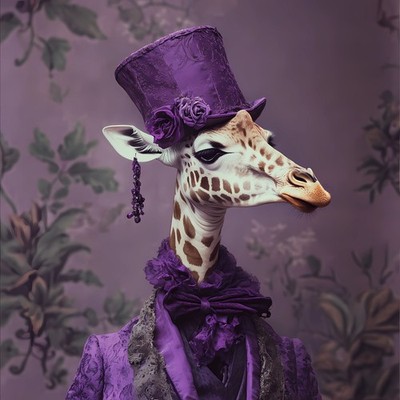 Lady Giraffe mit einem aufwendigen, verzierten Outfit mit Lila-Tönen, u.a.