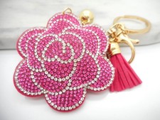 New Pink Flower Flat Stone Keychain Key Chain Ring Bling