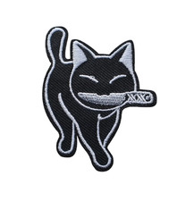 Cute Black Cat with Knife Patch, Iron On/Sew On