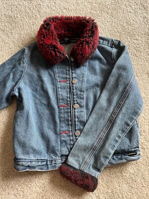 DKNY Jeans Denim Jacket Girls Size Medium (I) Red Faux Fur Collar