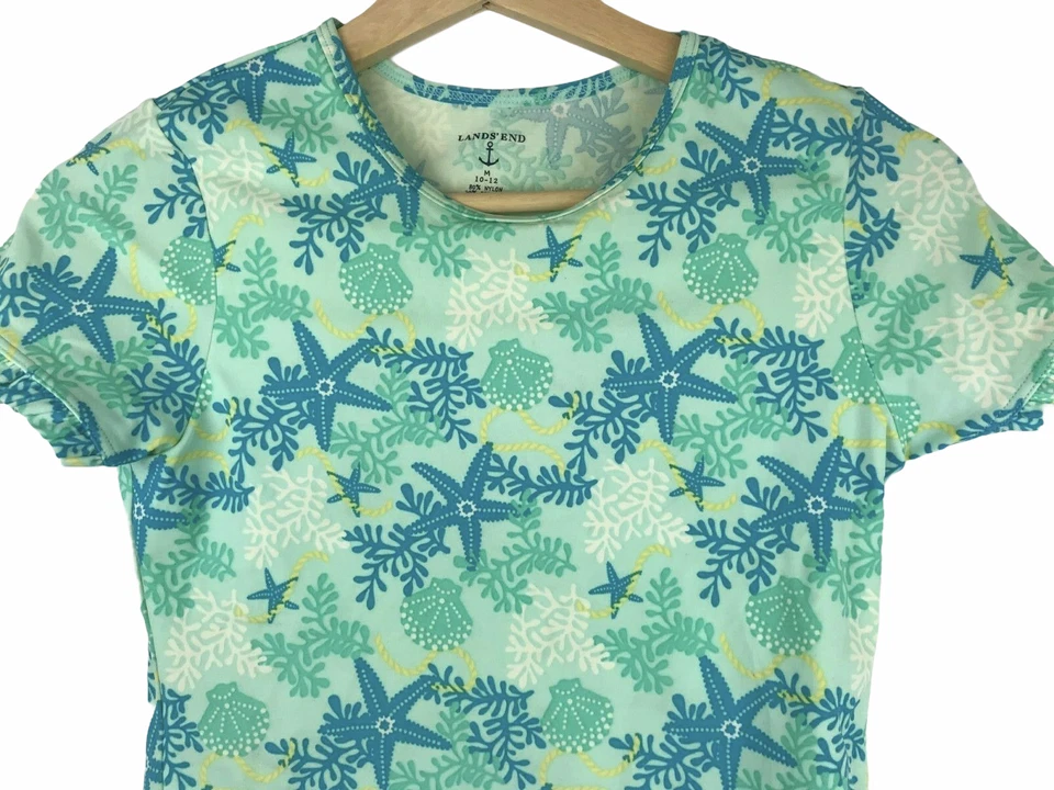 Camiseta Lands End manga corta protector contra erupciones volantes mangas dobladillo inferior azul verde Foto 3 de 4