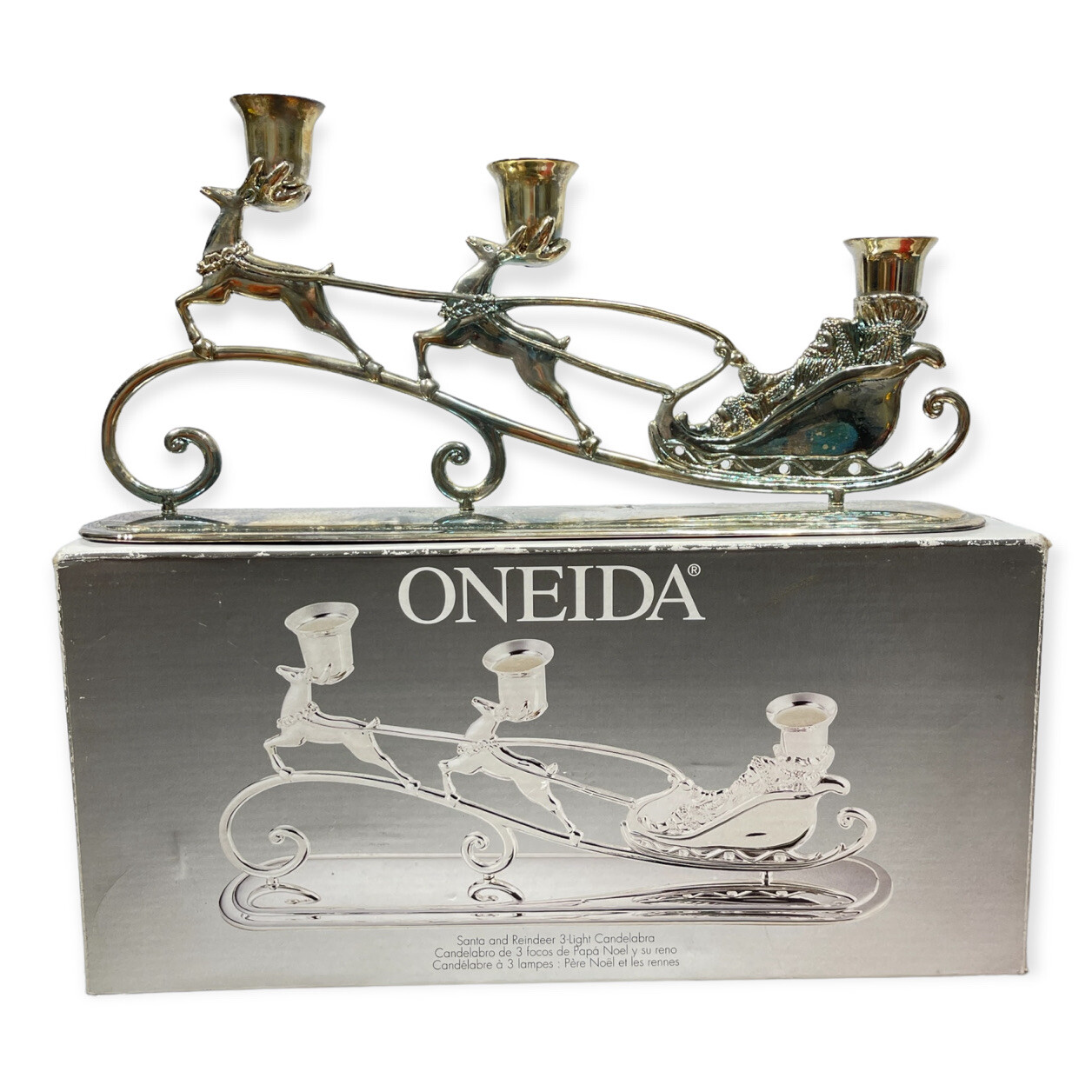 Oneida Santa Reindeer Christmas Sleigh 3 Candle Candelabra Silver