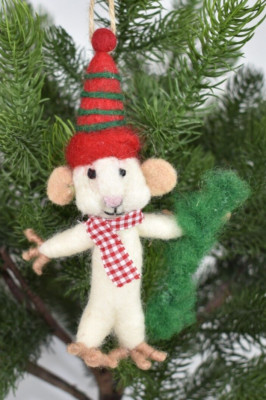 Pottery Barn 6'' Felted Wool Mouse With Christmas Tree Ornament NEW